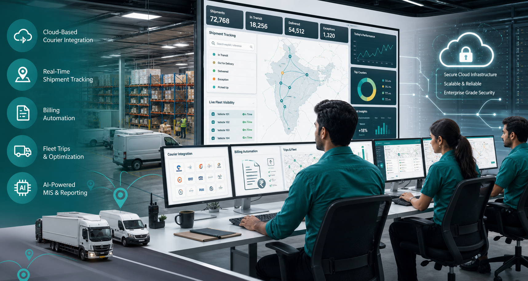AI logistics operations dashboard with fleet and courier tracking